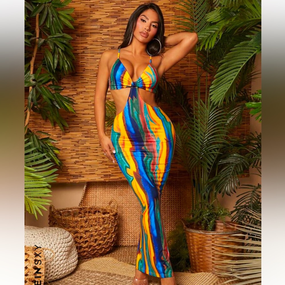 SXY Summer Front Knotted High Slit Floral Cami Dress